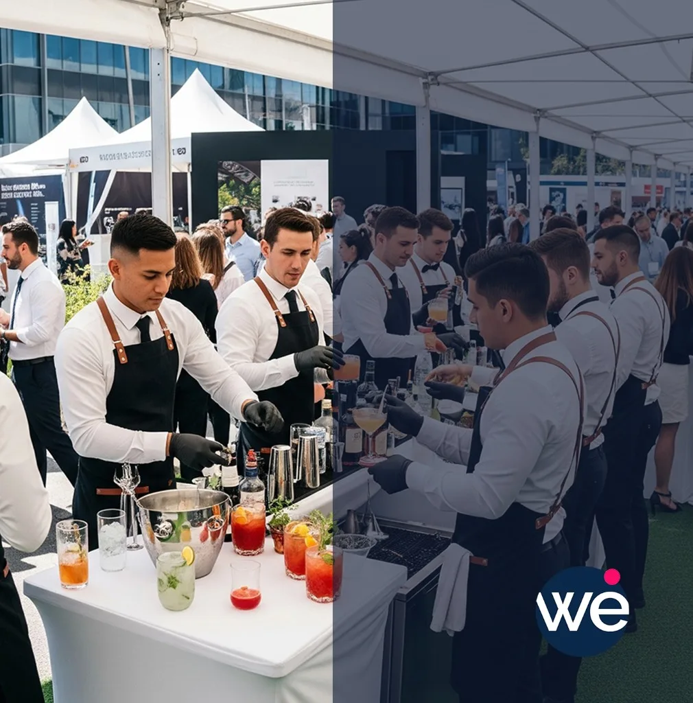 Barmen en tenue préparant des cocktails artisanaux lors d'une réception événementielle en plein air au Maroc