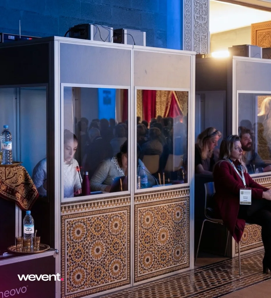 Cabine d'interprétation simultanée lors d'un événement au Maroc