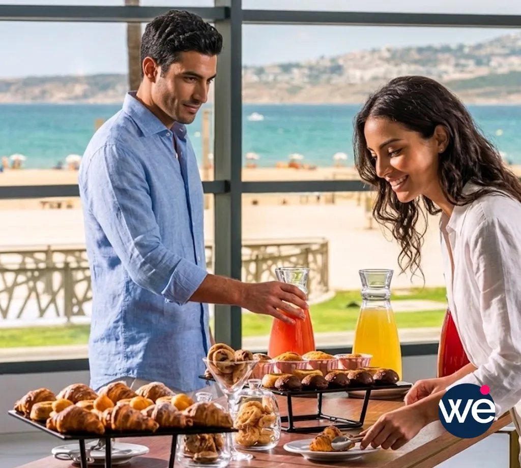 Pause brunch cocktail avec viennoiseries et jus frais face à la mer lors d'un séminaire d'entreprise au Maroc