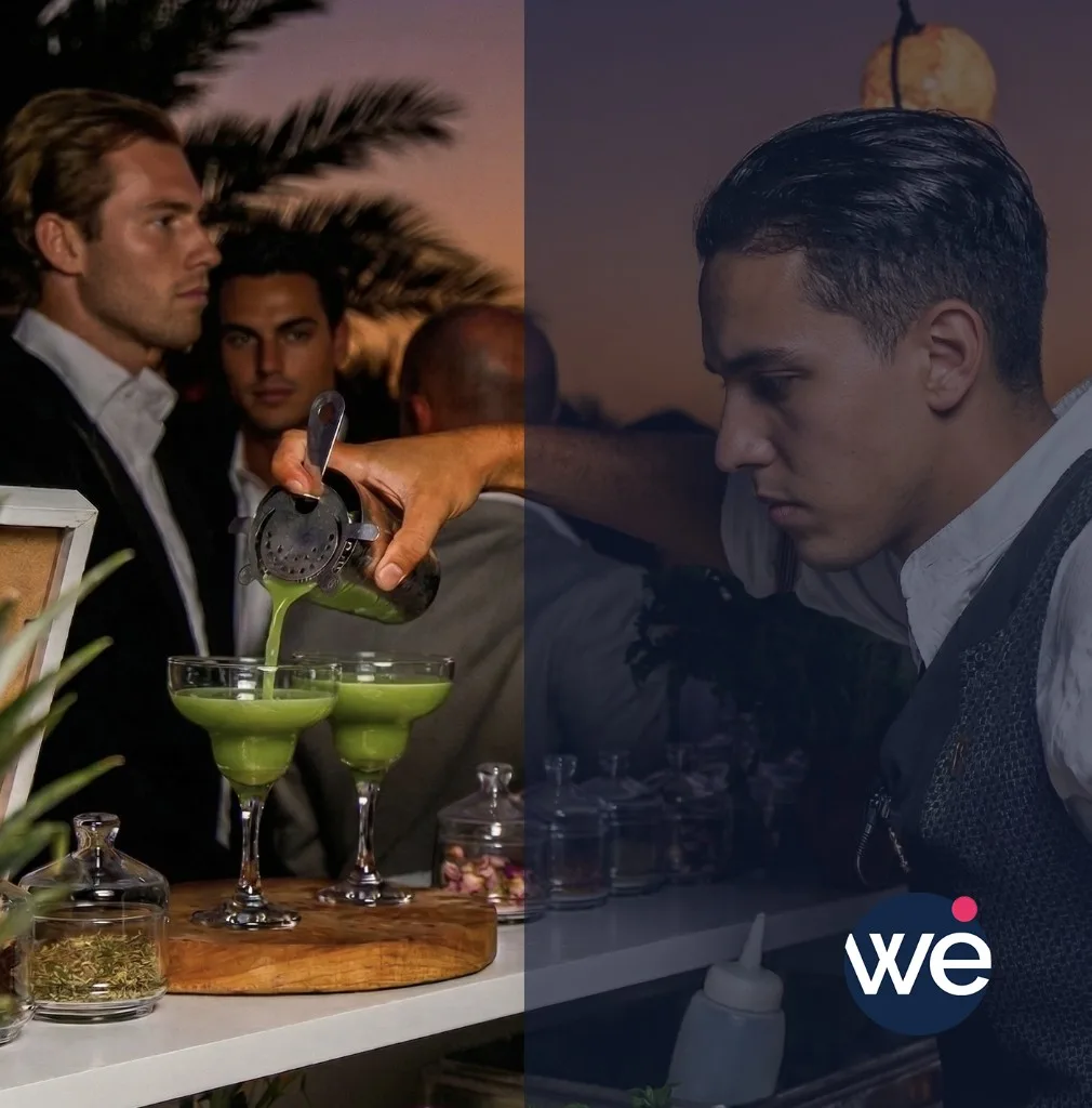 Cocktail networking dans un riad marocain : professionnels échangeant autour de tables hautes lors d'une réception au Maroc