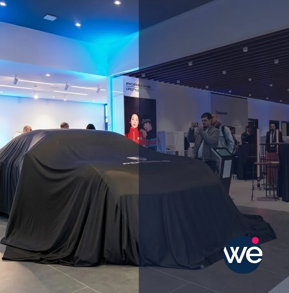 Révélation de produit automobile sous voile noir avec éclairage bleu lors d'un lancement de produit au Maroc