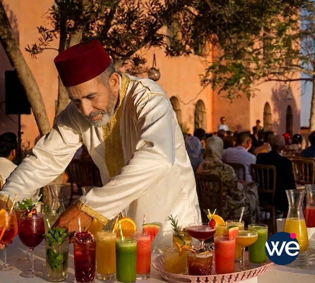 Serveur en tenue traditionnelle marocaine disposant des cocktails colorés aux fruits frais dans un riad lors d'une réception événementielle