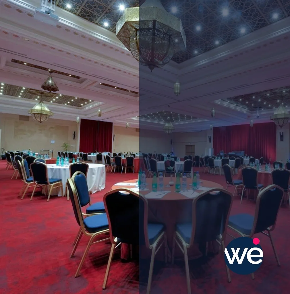 Salle de gala avec tables rondes et lustres pour soirée d'entreprise au Maroc