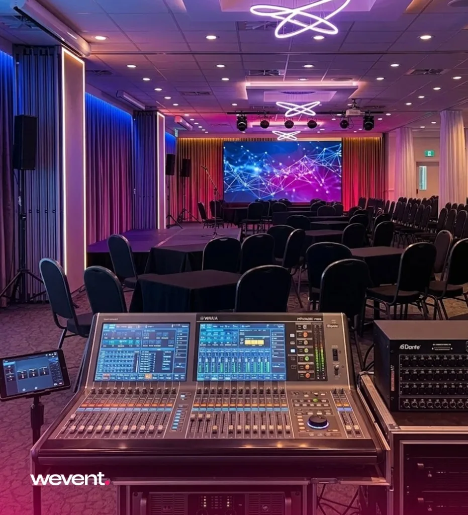 Sonorisation événementielle - console de mixage et salle de conférence