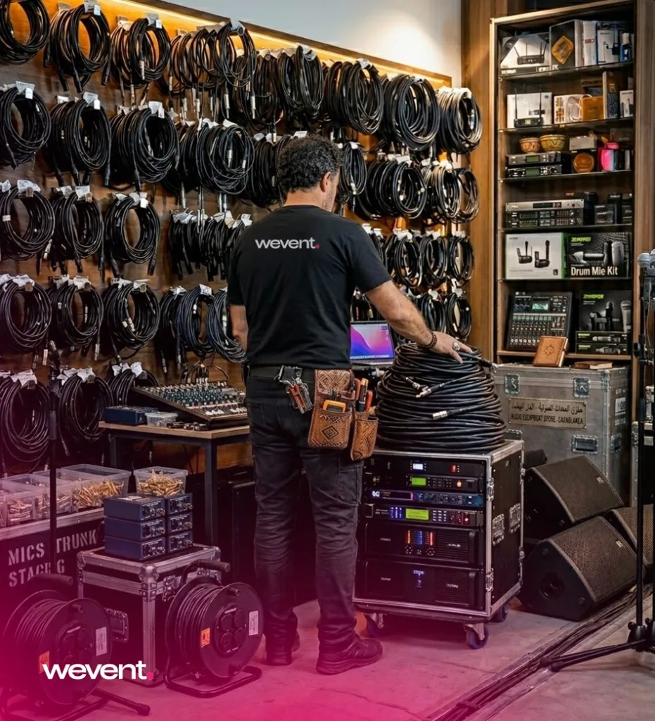 Technicien Wevent préparant le matériel de sonorisation - location sono Maroc