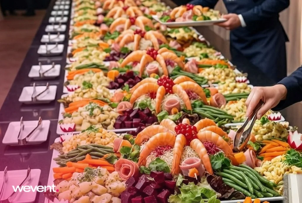Buffet gastronomique avec crevettes et légumes frais